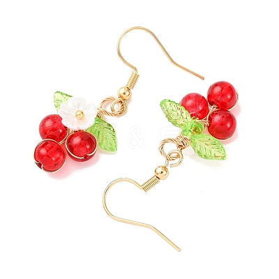 Flower with Round Acrylic & Glass Bead Dangle Earrings EJEW-JE06634-01-1