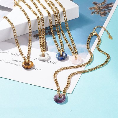 Natural Mixed Stone Donut Pendant Necklace NJEW-JN03815-1