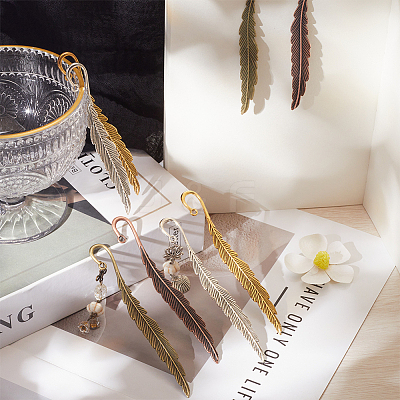 8Pcs 4 Style Feather Shape Tibetan Style Alloy Bookmarks Making AJEW-SC0002-56-1
