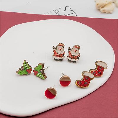 4 Pairs Santa Claus & Holly Leaves & Christmas Socking Printed Wood Stud Earrings EJEW-OY001-02-1