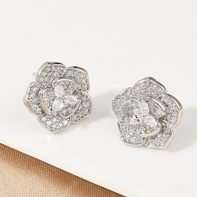 Flower Brass Micro Pave Clear Cubic Zirconia Stud Earrings EJEW-M082-19P-1