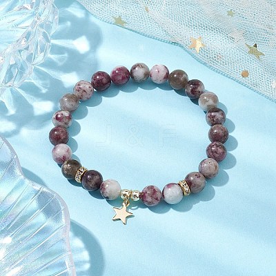 8mm Round Natural Plum Blossom Tourmaline Beaded Stretch Bracelets BJEW-JB10469-01-1