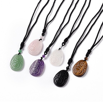 Adjustable Natural Mixed Gemstone Teardrop with Spiral Pendant Necklace with Nylon Cord for Women NJEW-L171-04-1