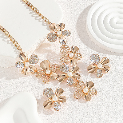 Flower Alloy Crystal Rhinestone & Plastic Pearl Pendant Necklaces & Stud Earrings Sets for Women FS-WGF8FDA-01-1