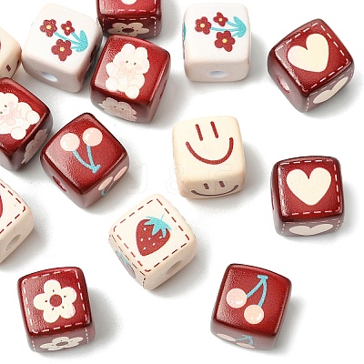 14Pcs 7 Styles Opaque Printed Acrylic Beads MACR-YW0004-13-1
