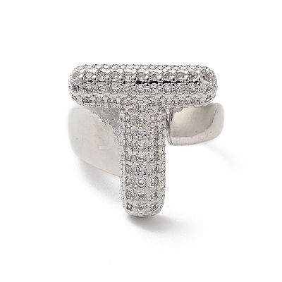 Letter Brass Micro Pave Clear Cubic Zirconia Open Cuff Ring for Women RJEW-N046-03T-P-1