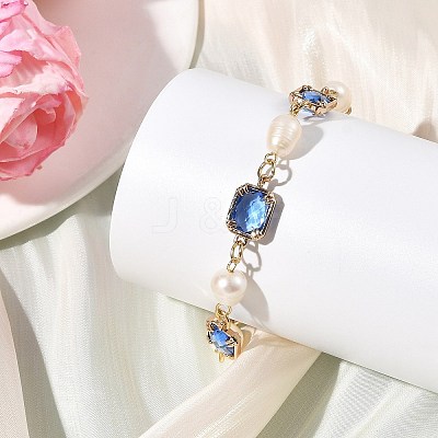 Natural Cultured Freshwater Pearl & Brass Glass Link Chains Bracelets for Women BJEW-JB14214-1