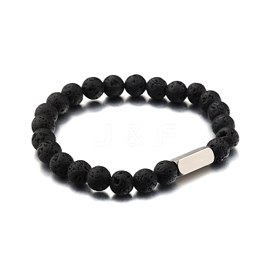 Natural Lava Rock Round Beaded Stretch Bracelet PW-WG80752-04-1