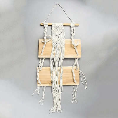 Wood & Woven Cotton Macrame Wall Hanging Book Potted Plant Storage Holder AJEW-WH0485-28-1