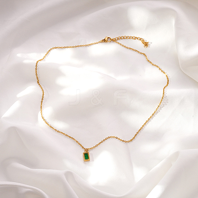 Vintage 304 Stainless Steel Emerald Rhinestone Rectangle Pendant Necklaces for Women NI1330-1-1