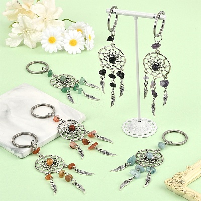 10Pcs Alloy Natural & Synthetic Mixed Stone Feather Keychains KEYC-YW00208-1