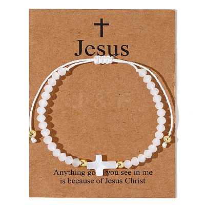 Adjustable Sea Shell Cross & Faceted Rondelle Glass Braided Bead Bracelets for Women AZ6679-5-1