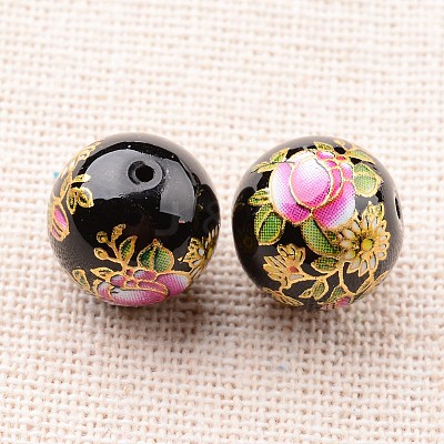 Flower Picture Printed Glass Round Beads LS-GLAA-J087-12mm-A09-1