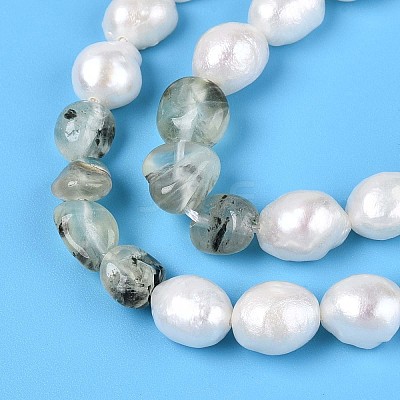 Natural Prehnite Nuggets & Natural Cultured Freshwater Pearl Beads Strands PEAR-N023-01A-10-1