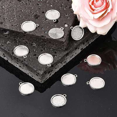 Tibetan Style Antique Silver Alloy Flat Round Pendant Cabochon Settings X-TIBEP-M022-29AS-1