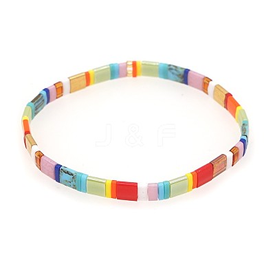 Bohemian Rainbow Glass Flat Double-Hole Bead Striped Women's Stretch Bracelets for Women QS8192-7-1