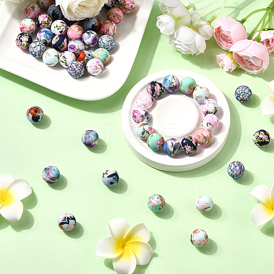 64Pcs 8 Colors Printed Round Silicone Focal Beads SIL-SC0002-88-1