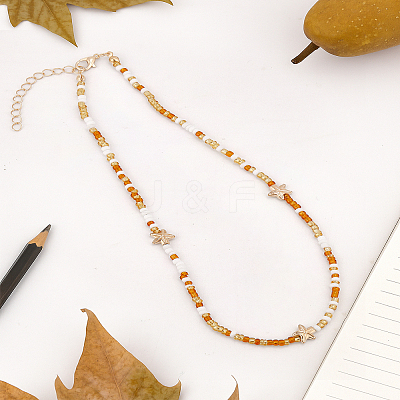 1Pc Round Glass Seed Bead & Alloy Starfish Beaded Necklaces for Women NJEW-LP0007-35-1