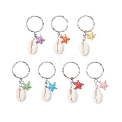 Synthetical Turquoise & Natural Mixed Cowrie Shell Keychains KEYC-JKC01344-1
