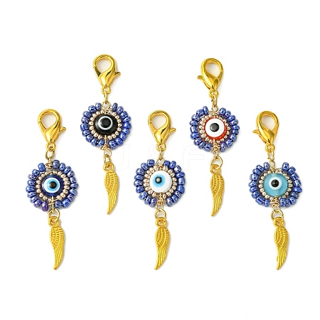 Flat Round with Evil Eye Resin & Glass Seed Pendant Decorations HJEW-MZ00095-02-1