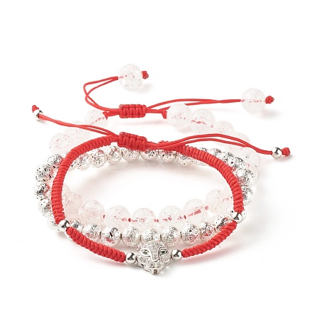 Natural Crackle Quartz & Lava Rock Braided Bead Bracelets Set BJEW-JB07212-03-1