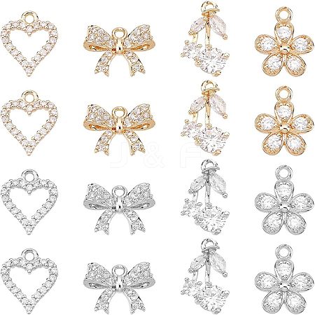 16Pcs 8 Style  Rack Plating Brass Micro Pave Cubic Zirconia Charms ZIRC-FH0001-17-1