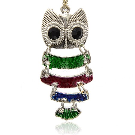 Antique Silver Alloy Enamel Owl Pendants ENAM-J174-01AS-1