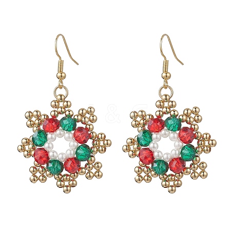 Christmas Brass Glass Bead Snowflake Dangle Earrings EJEW-TA00754-1