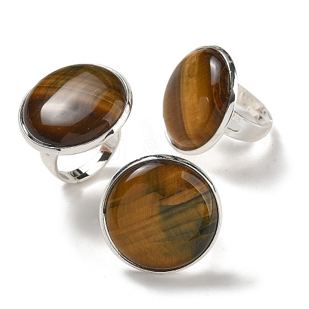 Natural Tiger Eye Round Adjustable Rings RJEW-K371-09S-26-1