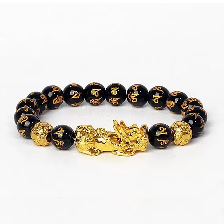 Golden Plated Alloy Pi Xiu 8MM Natural Black Onyx(Dyed & Heated) Six Word Mantra Round Beaded Stretch Bracelet for Men QJ0349-7-1