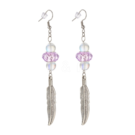 Feather with Round Beads Long Dangle Earrings for Girl Women EJEW-JE04681-05-1