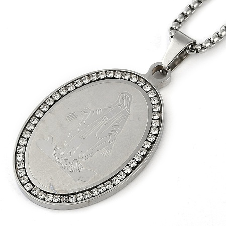 304 Stainless Steel Crystal Rhinestone Religion Virgin Mary Oval Pendant Box Chain Necklaces NJEW-D089-04P-1