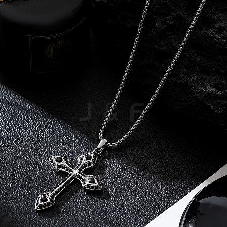 Stainless Steel Jet Rhinestone Cross Pendant Necklaces HN5605-1