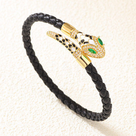 Alloy Cubic Zirconia & Enamel Braided Syntheti Leather Cord Cuff Bangles FS-WG13903-01-1