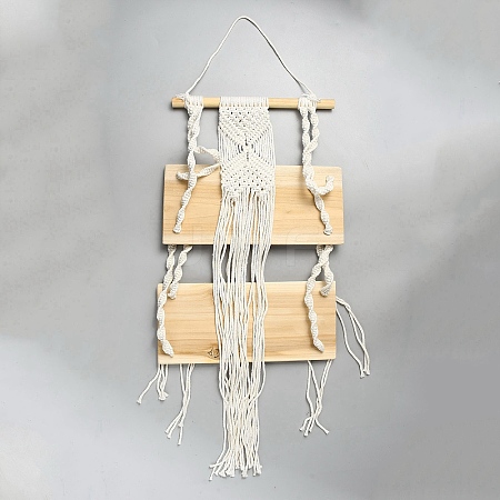 Wood & Woven Cotton Macrame Wall Hanging Book Potted Plant Storage Holder AJEW-WH0485-28-1