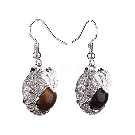 Natural Tiger Eye Elephant Head Dangle Earrings EJEW-A092-07P-04-1