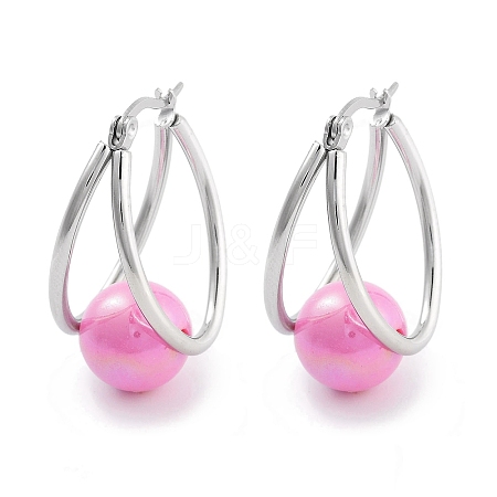 304 Stainless Steel & Plastic Imitation Pearl Oval with Ball Hoop Earrings for Women EJEW-C096-13P-05-1