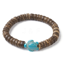 Natural Coconut Disc & Synthetic Turquoise Turtle Beaded Stretch Bracelet BJEW-JB09699-05