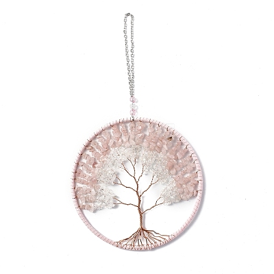 Wire Wrapped Chips Natural Crystal Quartz & Rose Quartz Big Pendant Decorations HJEW-A005-02A-1