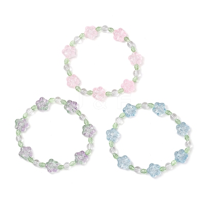 3Pcs 3 Colors Plum Blossom Flower Glass Beads Stretch Bracelets for Women BJEW-JB12138-1