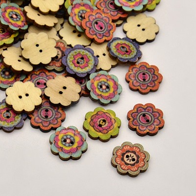 Flower Dyed 2-Hole Printed Wooden Buttons BUTT-P011-13-1