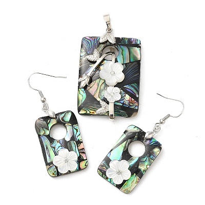 Natural Paua Shell Rectangle & White Shell Flower Jewelry Set SJEW-E051-03P-1