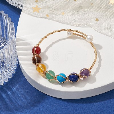 Natural Mixed Gemstone Round Beaded Cuff Bangle BJEW-JB09594-1