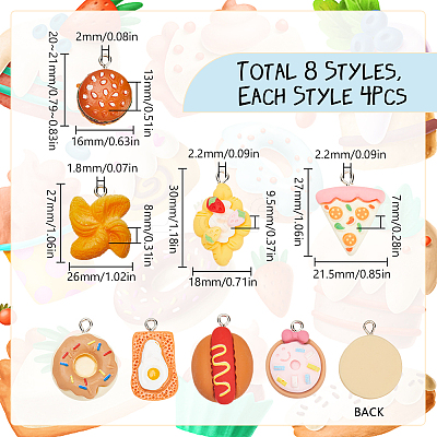 32Pcs 8 Styles Foods Opaque Resin Pendants RESI-SC0003-37-1