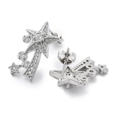 Brass Micro Pave Clear Cubic Zirconia Star Stud Earrings EJEW-B134-01-1