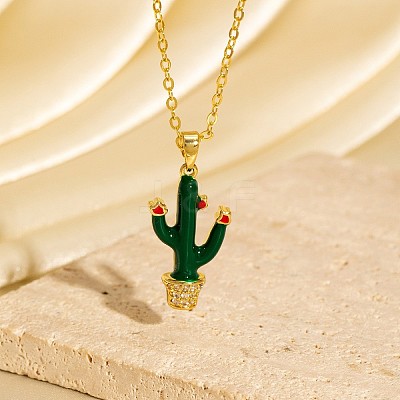 Cinco de Mayo Brass Pave Cubic Zirconia Enamel Green Cactus Pendant Necklaces for Women WG6DDE4-07-1