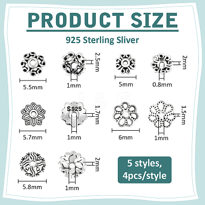 20Pcs 5 Styles Retro 925 Sterling Silver Bead Caps STER-BC0004-10-1