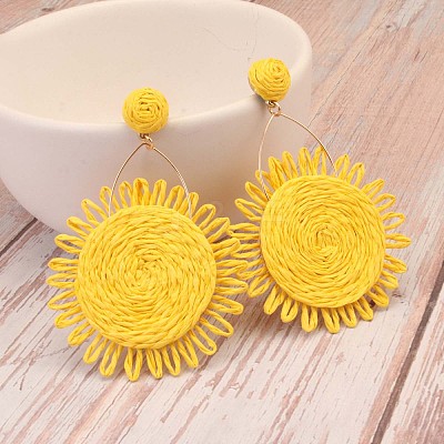 Flower Alloy & Raffia Dangle Stud Earrings FS-WGE45CE-04-1