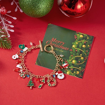 Christmas Alloy Enamel Charm Bracelets BJEW-H634-01B-KCG-1