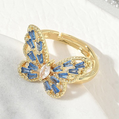 Adjustable Brass Butterfly Finger Rings with Light Blue Cubic Zirconia CU-CBA7E55-18G-02-1